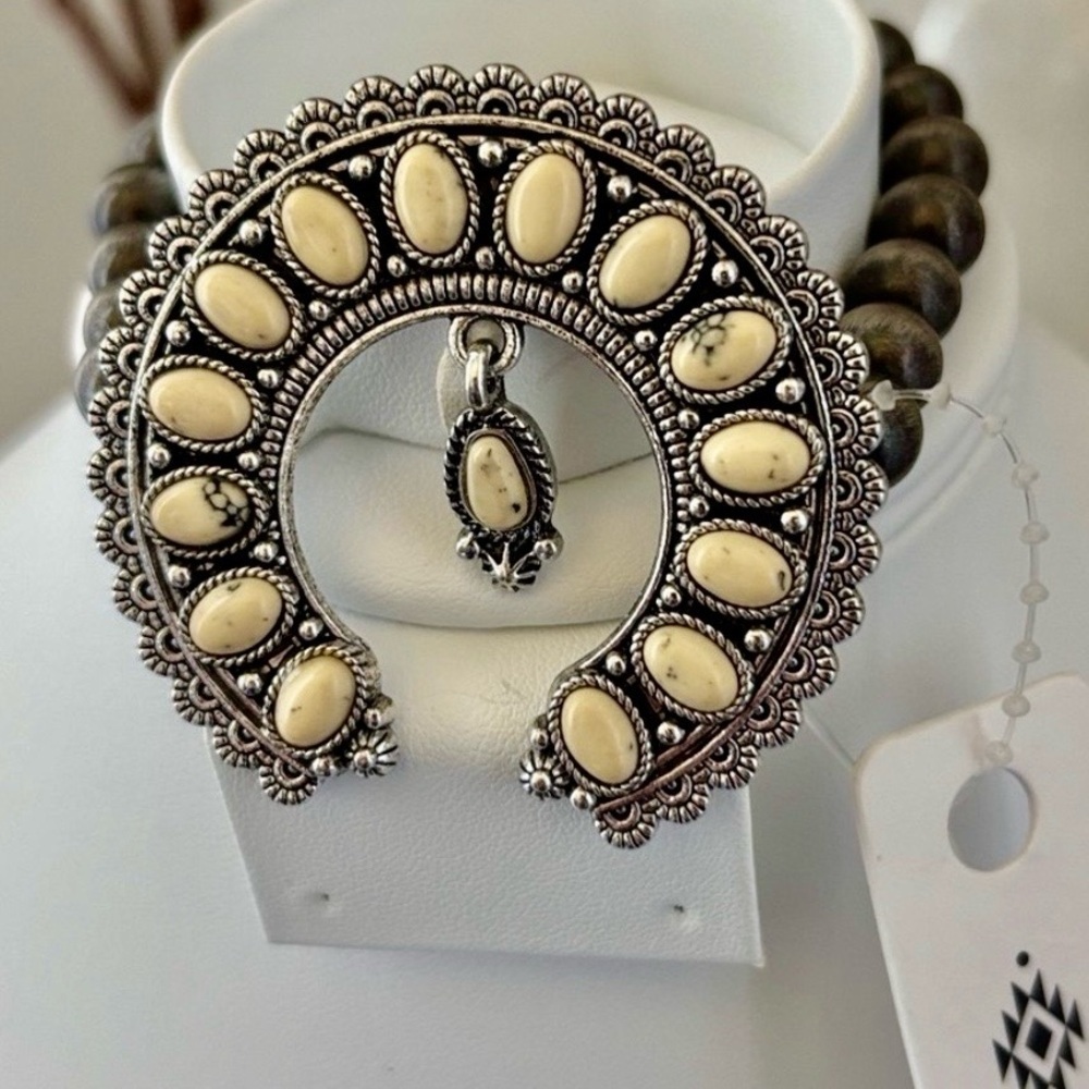 Squash Blossom Cream stones in silvertone, stretch,dark gray beads,Western